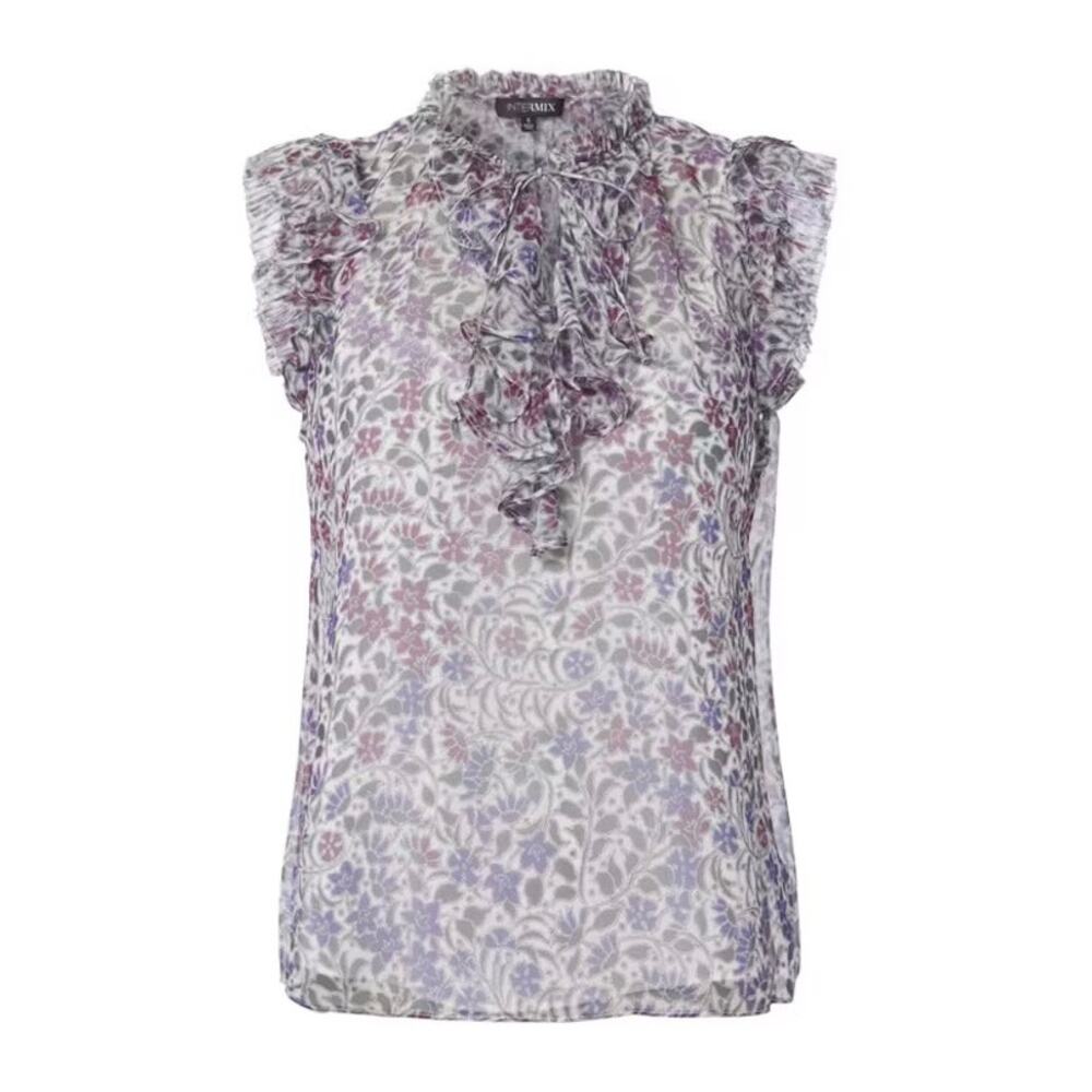 INTERMIX Dani Flutter Sleeve Top Women Small White Sheer Silk Floral Print Sheer